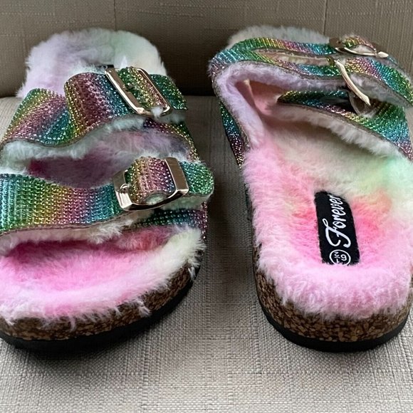 Forever21 Women Sandal Shoes Multi Color Bling Faux Fur Shoes Size 6.5 - Picture 5 of 11